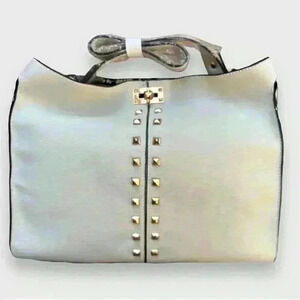 Cream Faux Vegan Leather Purse Bag with Faux Snakeskin Interior & Metallic Studs